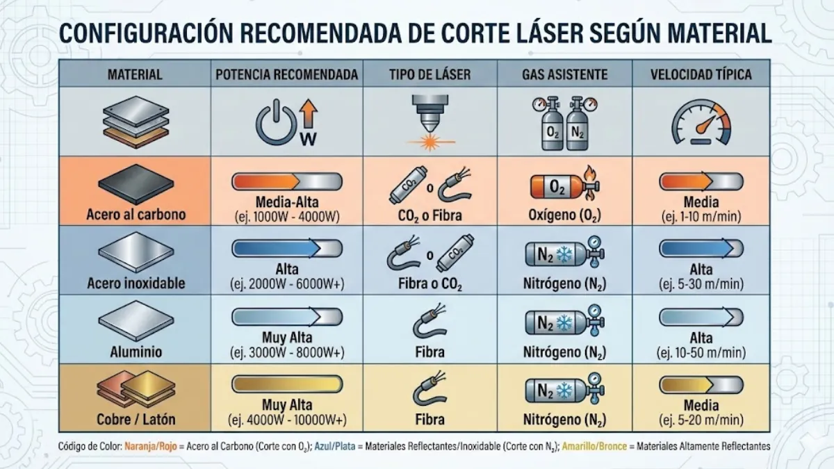 configuración recomendada de corte láser según material infografía