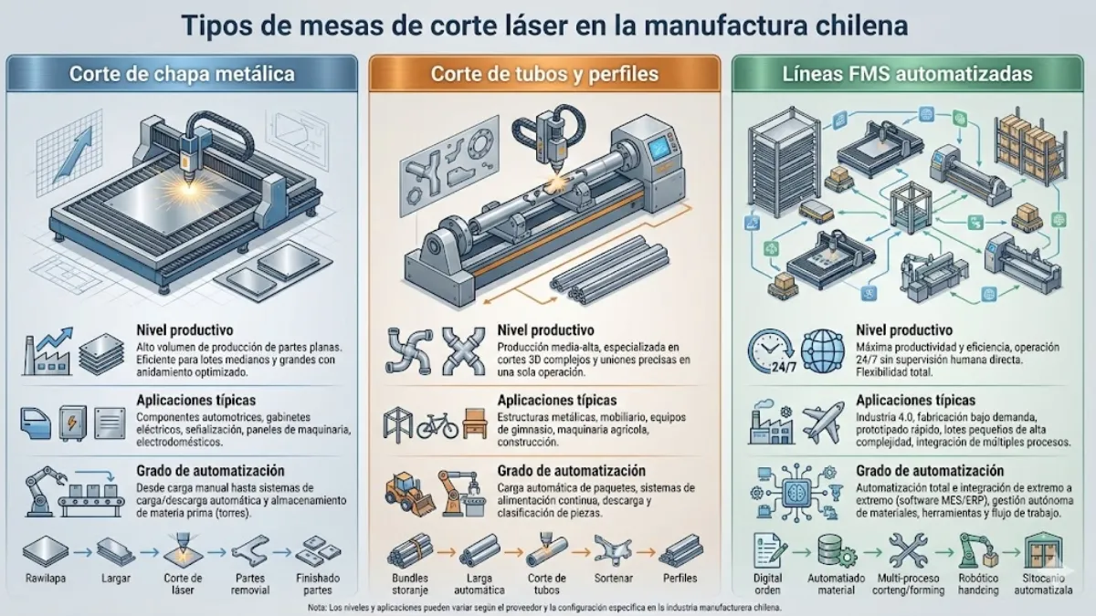 tipos de mesas de corte láser en la manufactura chilena infografía