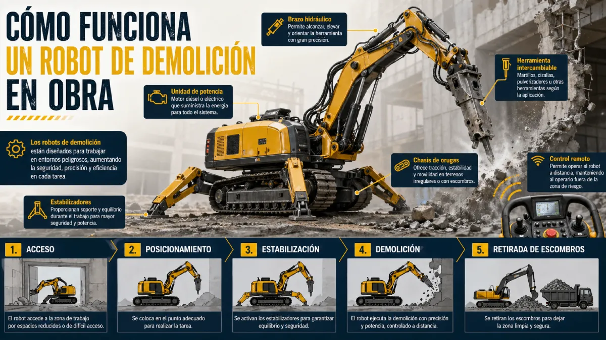 cómo funciona un robot de demolición en obra infografía
