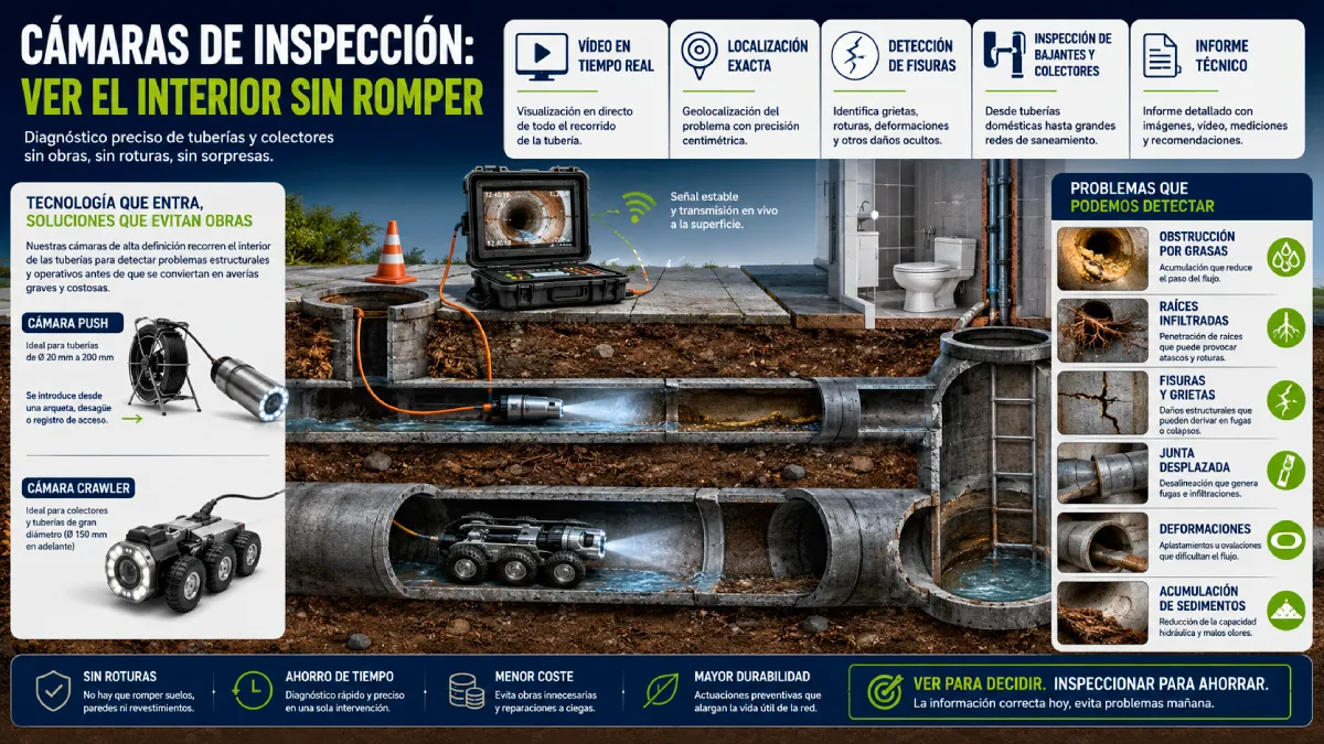 Cámaras de inspección para detectar fugas, atascos y daños en tuberías sin obras.