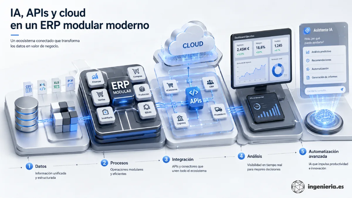ia, apis, y cloud en ERP modular moderno infografía