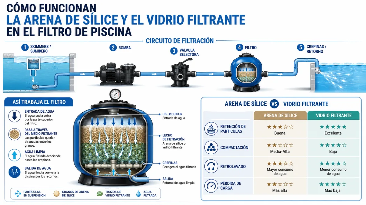 cómo funcionan la arena de sílice y el vidrio filtrante infografía