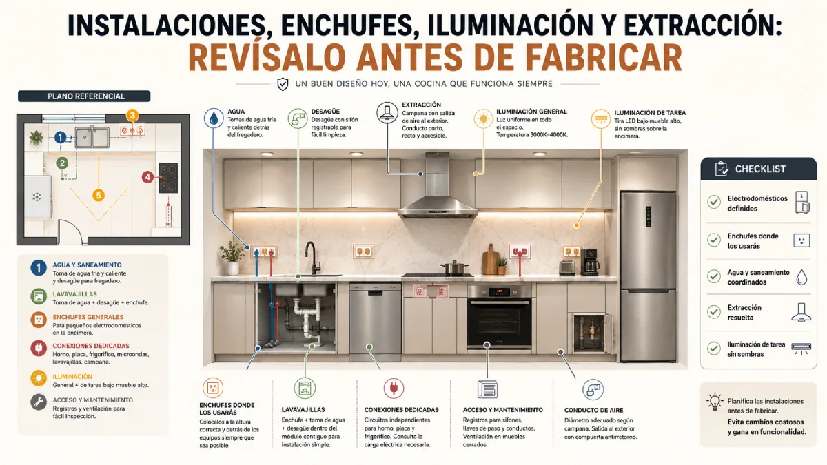 instalaciones, enchufes, iluminación y extracción infografía