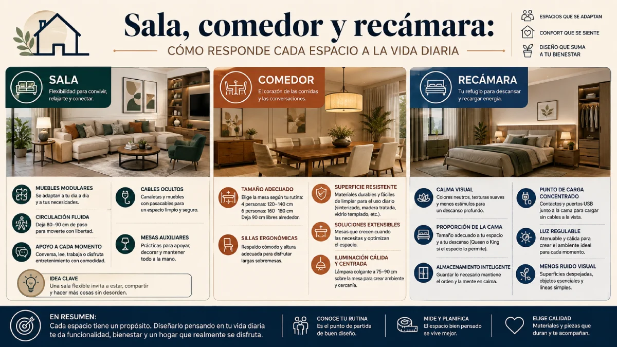sala, comedor y recámara infografía