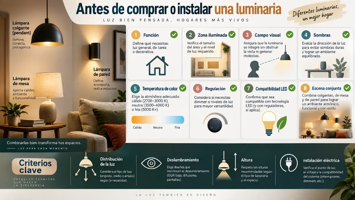 antes de comprar o instalar una luminaria infografía