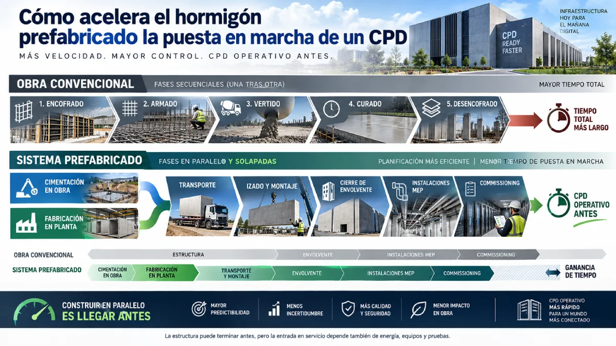 cómo acelera el hormigón pre-fabricado la puesta en marcha de un cpd, infografía