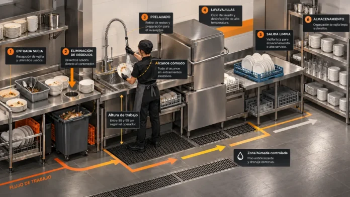 cómo diseñar el flujo de lavado en una cocina profesional sin cruces entre limpio y sucio