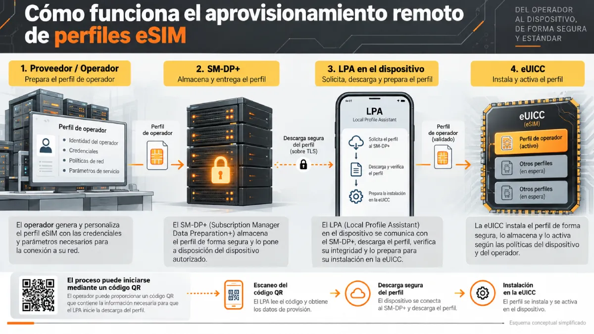 cómo funciona el aprovisionamiento remoto de perfiles eSIM infografía